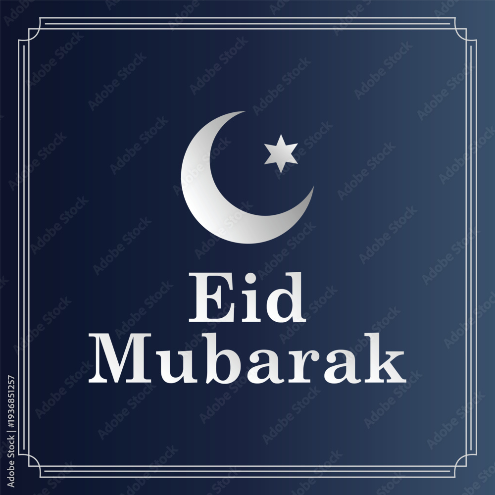 Obraz premium Eid Mubarak Crescent Moon and Star Greeting on Dark Blue Background with Ornate Border