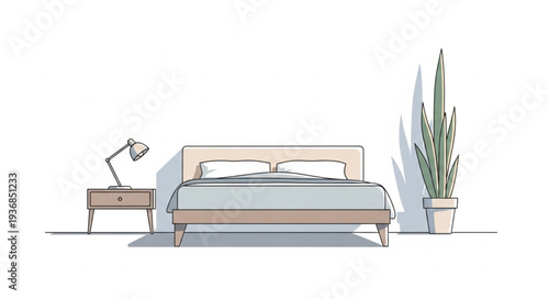 Minimalist Bedroom Interior with Bed and Tall Plant.