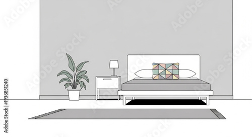 Modern Bedroom Interior with Bed and Nightstand.