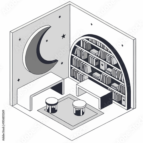 Isometric illustration of a serene library with a crescent moon on the wall.