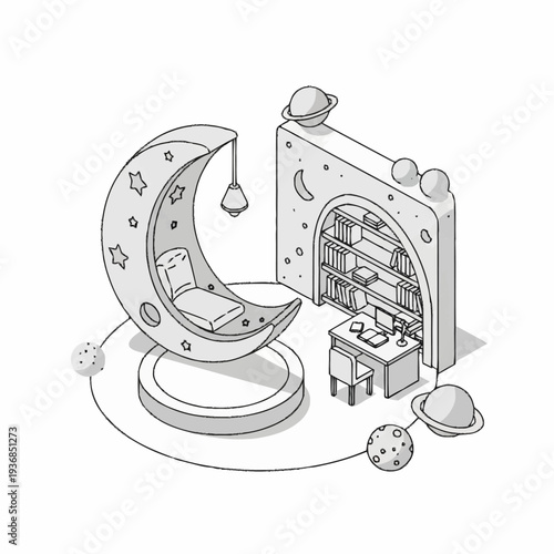 Whimsical monochromatic illustration of a crescent moon cradle with a reading nook and study area.