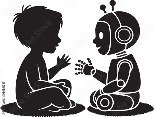 Child and robot friend playing together, black vector silhouette illustration