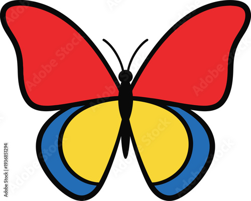 Cartoon butterfly features vibrant red upper wings, contrasting yellow and blue lower wings, and a sleek black body, presented on a clean white background.