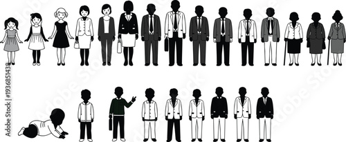 People silhouettes collection showing different ages from children to adults standing and walking, human life stages concept isolated illustration