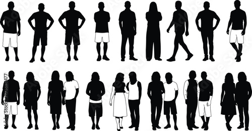 Large group of casual people silhouettes, diverse men and women standing and walking black full body figures isolated on white background
