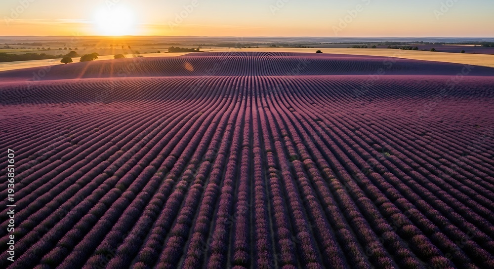 Fototapeta premium Aerial view of a vast solar farm with rows of solar panels stretching into the distance under a clear sky at sunset.