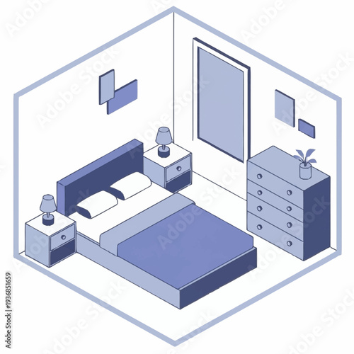 Isometric bedroom with minimalist furniture and decor.