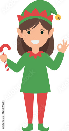 Cute Cartoon Christmas Elf Girl Holding Candy Cane and Making OK Gesture Vector Illustration