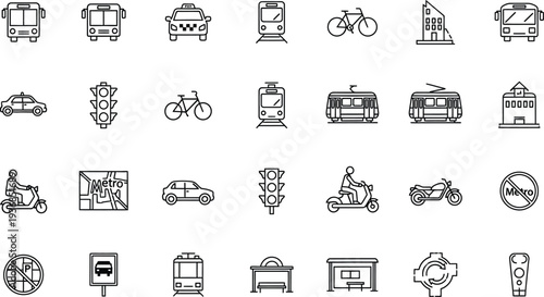 A broad and detailed grid of outline icons illustrating various modes of public and private transportation, including buses, taxis, trains, bicycles, and traffic signals, on a white background.