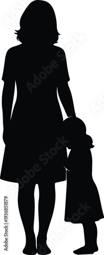Vector mother standing beside her little daughter in loving pose silhouette design