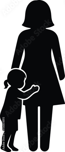 Vector mother standing while her young daughter hugs her legs silhouette design