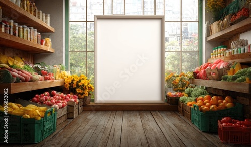 Shop interior with produce displays and a blank white sign