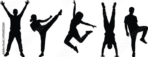 active kids silhouette set, children jumping kicking handstand poses, playful boys girls movement vector illustration isolated on white background