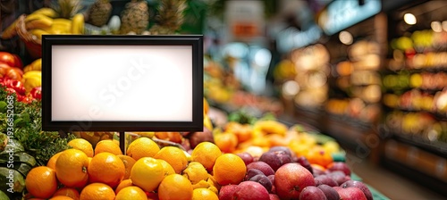 Sign over fresh produce in a brightly lit grocery store