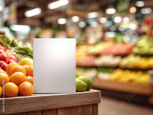 Sign amidst fresh oranges at a fruit market. Produce in background