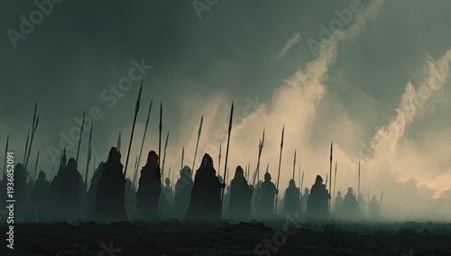 Silhouette army marches across a misty landscape, spears held high