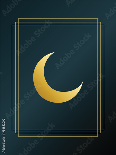Golden crescent moon emblem within a geometric frame against a dark gradient background symbolic of night and elegance