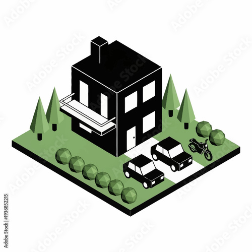 Isometric illustration of a modern house with cars and bicycle.