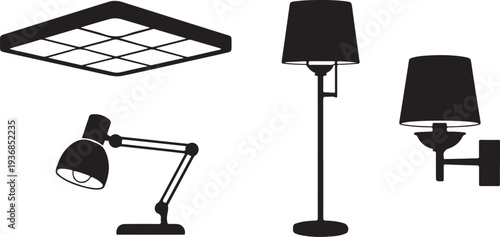 Black silhouettes of ceiling lamp desk lamp floor lamp and wall lamp