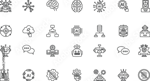 A stylized line art icon of a humanoid robot head with an antenna, symbolizing artificial intelligence, robotics, and futuristic technology in a modern design context.
