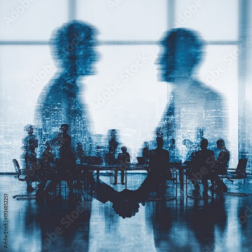 Silhouette of a handshake, overlaid with city and office meeting