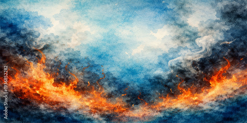 Dramatic fire in the sky and fire in water under beautiful orange sunset clouds create an abstract nature cloudscape with light from the sun during a red dusk evening storm