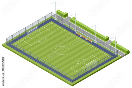 Isometric football stadium arena with green soccer field, tribune seat and sport infrastructure. Large arena prepared for professional championship match. Sport architecture and fan event location.