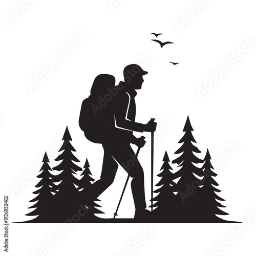Hiker silhouette walking with backpack through forest and trees, nature adventure