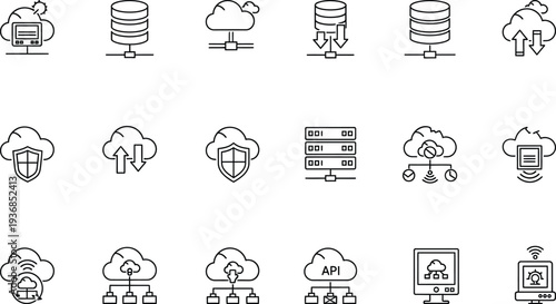 A line art icon showing a laptop connected to a cloud server, representing cloud computing, data storage, and remote access services in a digital environment.