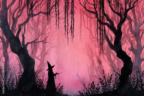 Silhouette of a witch stands in a misty, pink-hued forest
