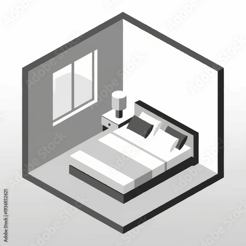 Isometric illustration of a modern minimalist bedroom with bed and nightstand.