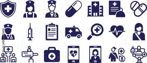 Healthcare Telemedicine, Patient Care, and Emergency Medical Service Glyph Icon Set