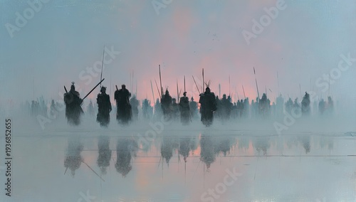 Silhouette warriors march through fog, reflected in tranquil waters