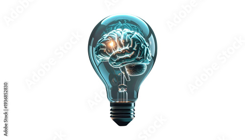 Human brain inside a light bulb isolated on a transparent background, creative concept symbolizing innovation, intelligence, new ideas, and problem solving.