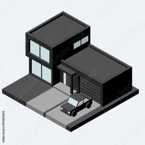 Modern 3D Isometric House with Garage and Car.