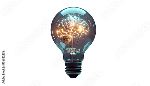 Human brain inside a light bulb isolated on a transparent background, creative concept symbolizing innovation, intelligence, new ideas, and problem solving.