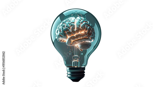 Human brain inside a light bulb isolated on a transparent background, creative concept symbolizing innovation, intelligence, new ideas, and problem solving.
