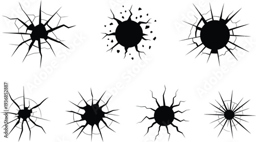Set of black cracked glass effect vector graphics broken glass