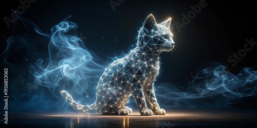 A luminous feline form, rendered in intricate constellations of light and ethereal smoke, sits serenely against a dark backdrop