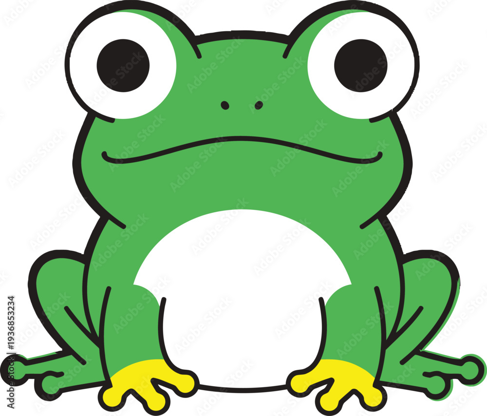 Obraz premium Frog illustration depicts a friendly green amphibian with a white belly and yellow toes, rendered in a simple, flat cartoon style, looking directly forward with large, expressive eyes.
