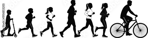 Active diverse group silhouettes running cycling and riding scooter in park, outdoor family fitness activities flat vector illustration isolated on white background for lifestyle concepts.