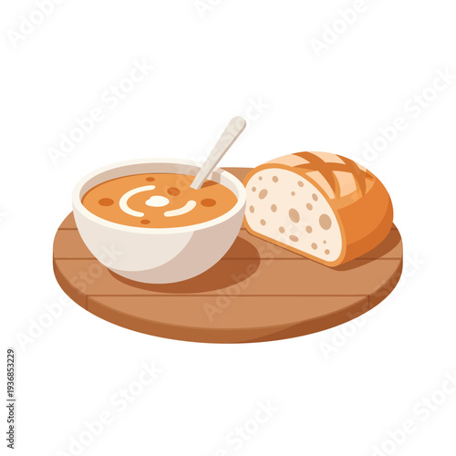 Celebrating National Sourdough Bread Day with a bowl of soup and freshly baked sourdough on a wooden board