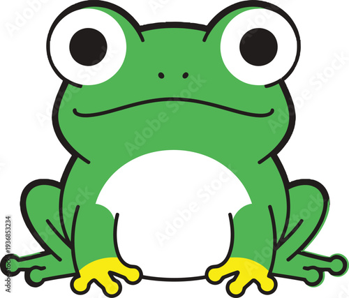 Frog illustration depicts a friendly green amphibian with a white belly and yellow toes, rendered in a simple, flat cartoon style, looking directly forward with large, expressive eyes.