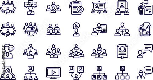 Business Teamwork Meeting, Corporate Hierarchy, and Professional Communication Line Icon Set