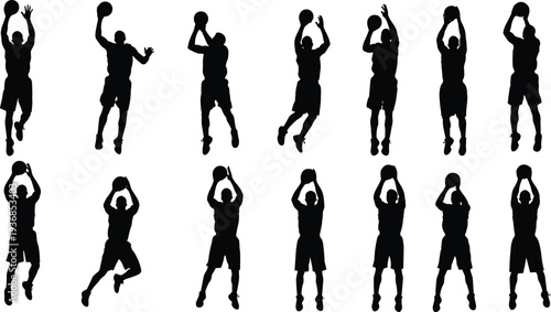 Black Basketball Player Silhouette Vector Set Featuring Various Athletes Jumping and Shooting Hoops Isolated on White Background for Sports Graphic Design