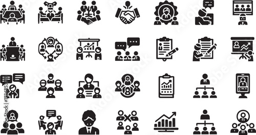 Business Teamwork, Corporate Collaboration, and Professional Office Communication Glyph Icon Set