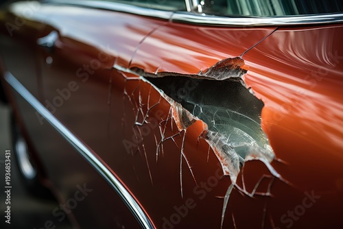 Damaged car body with shattered window indicating an unfortunate traffic accident