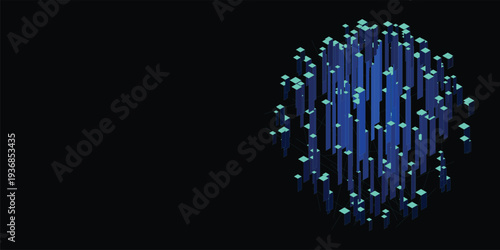 3D Isometric Cyber City Technology Background with Central Hub Glowing Data Links and High-Tech Digital Infrastructure Network
