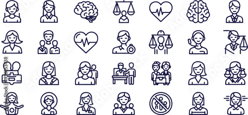 Mental Health Awareness, Psychological Wellness, and Emotional Balance Line Icon Set