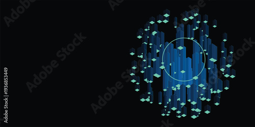 3D Isometric Cyber City Technology Background with Glowing Processing Towers Central Hub and High-Tech Digital Infrastructure